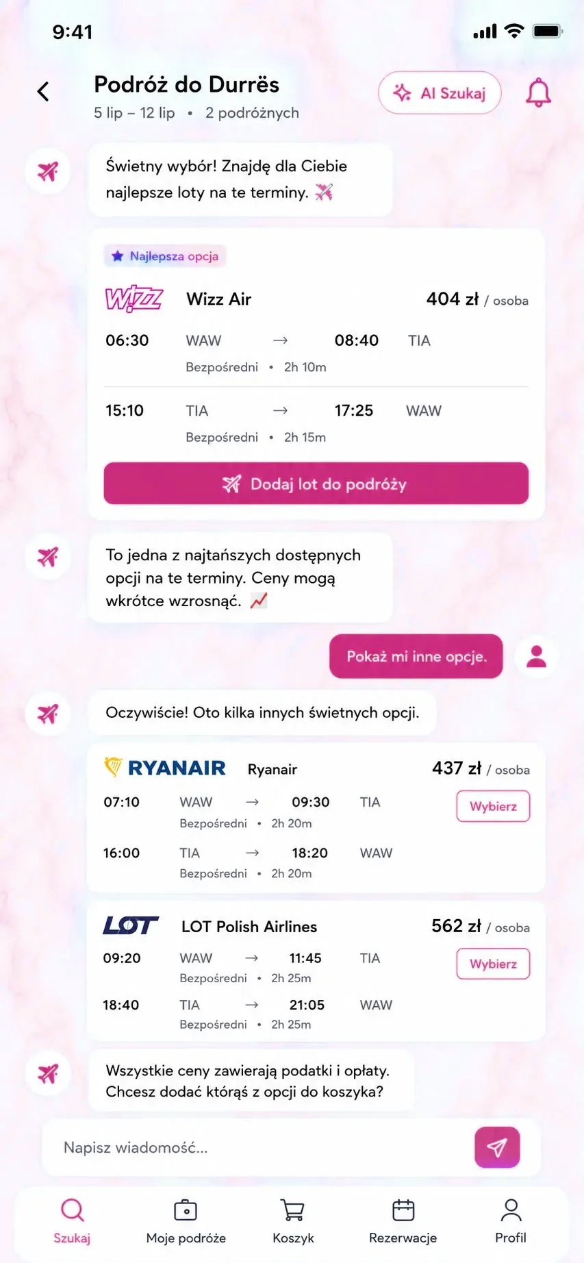 Krok 2: wybór lotu w aplikacji Hiko
