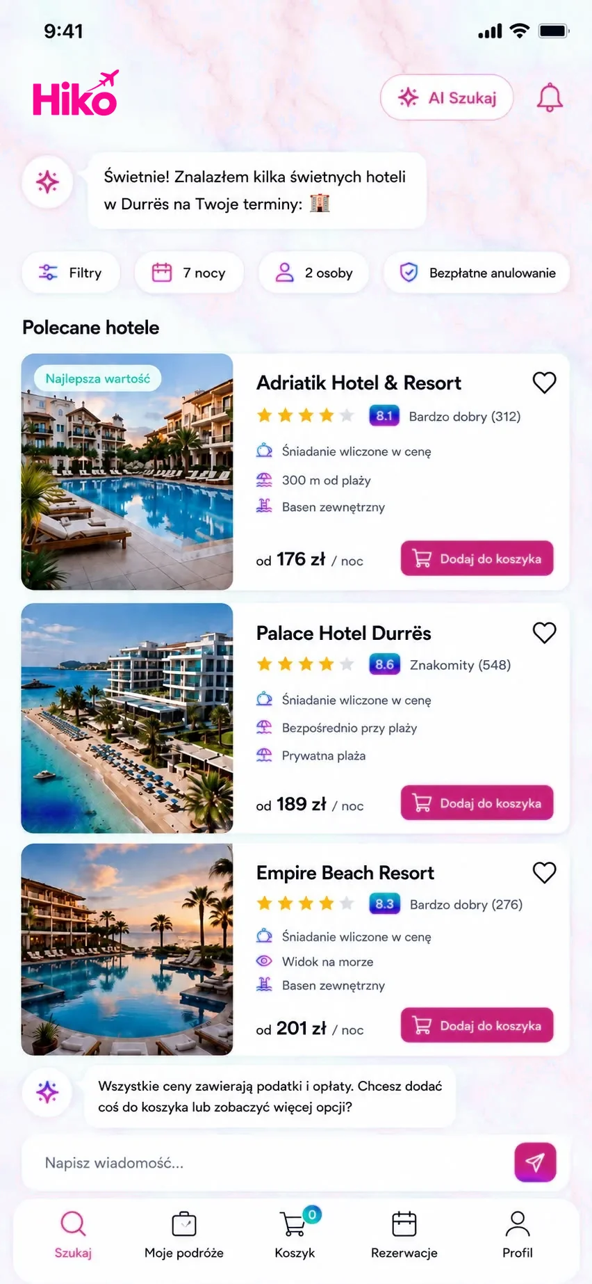Krok 3: wybór hotelu w aplikacji Hiko